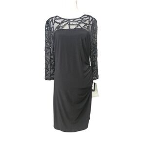Brianna Milay Black Sequin Mesh Sheath Dress Ruched Side Long Sleeve Size 10 NEW